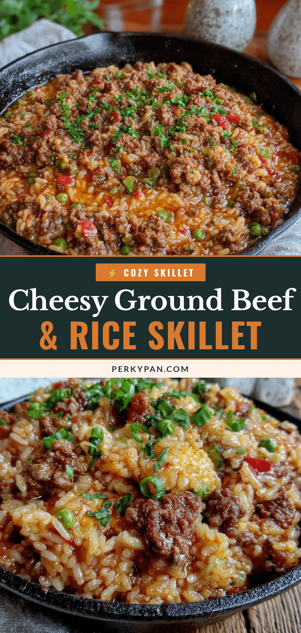 cozy one-pan cheesy ground beef and rice skillet recipe