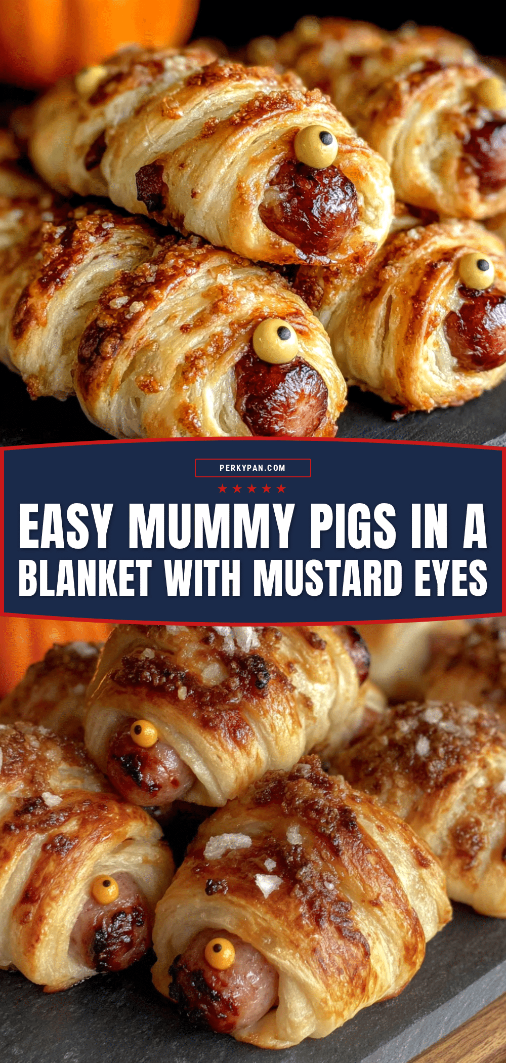 Easy Mummy Pigs in a Blanket with Mustard Eyes recipe